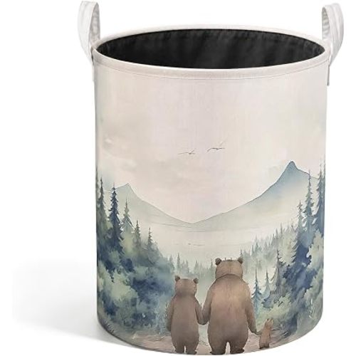 Rustic Forest Bear Nursery Laundry Basket, Nature Mountain Bear Family Laundry Hamper Waterproof Collapsible Clothes Toys Storage Bin Organizer for Kids Room Playroom Bathroom