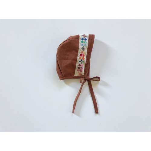 Vintage trim baby bonnet// cotton bonnet// brown rust bonnet// baby hat// baby sunhat// retro bonnet// bonnet with brim// brimmed bonnet