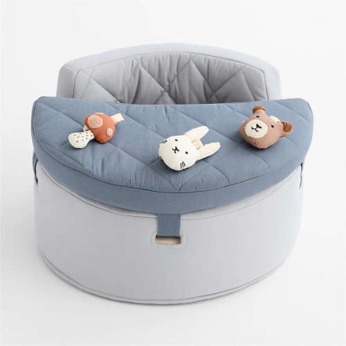 Personalized Organic Washable Blue Baby Activity Chair with Woodland Baby Rattle Set