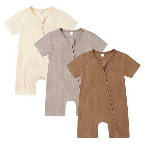 Bafeicao Baby Boy Girl 3 Pack Short Sleeve Rompers Ribbed Cotton 2 Way Zipper Solid Romper One Piece Jumpsuits Clothes