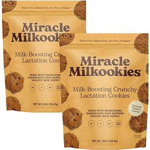Miracle Mama Milkookies-Lactation Cookies, Oatmeal Walnut Cherry– Dairy-Free, Soy-Free, Gluten-Free, Vegan–Support Milk Supply with Oats, Flaxseed & Brewer’s Yeast–Snack for Mom- Pack of 2, 8 oz Bags