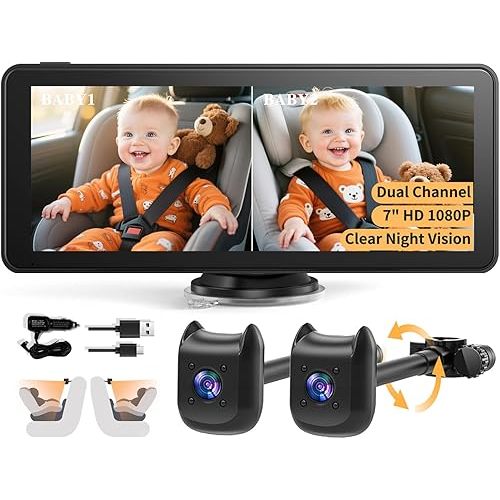Dual Car Camera Baby Monitor with 6.9" Split Screen-1080P HD Carseat Camera for 2 kids with 360° Full Rotation-Night Vision, Auto-detail Enhancement, 2 Power Ways, Easy Install, for Twins & Siblings