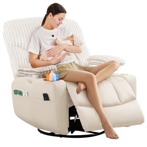 SUNWAVE Power Nursery Rocking Chair with Adjust Armrest & Smart Cup Holder | Remote Control with USB, Tamp-maintain Cupholder, Swivel Rocker Recliner with Mix Corduroy and PU Leather Fabric for Nursing