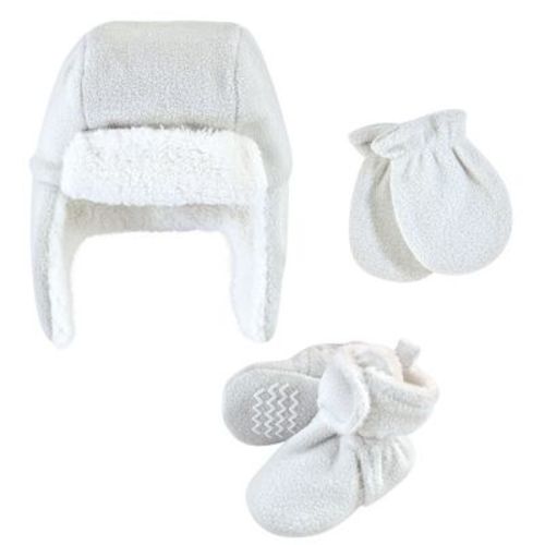 Hudson Baby Infant Baby and Toddler Trapper Hat, Mitten and Bootie Set, Light Gray, 0-6 Months