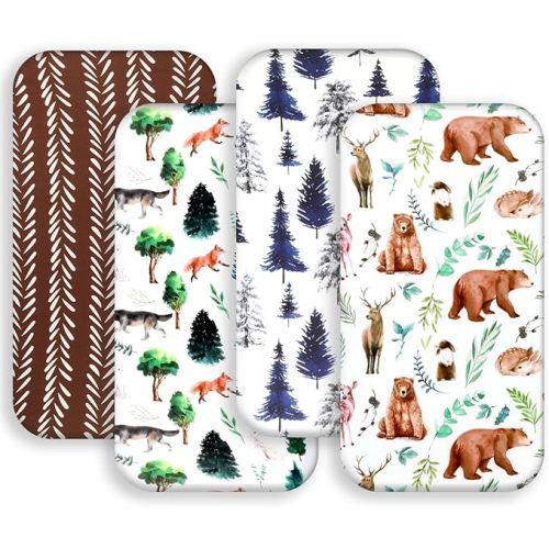 REZIPO 4 Pack Changing Pad Covers Woodland Forest Animals Wood Tree Neutral Unisex Fitted Baby Changing Pad Covers Set for Baby Boys or Girls