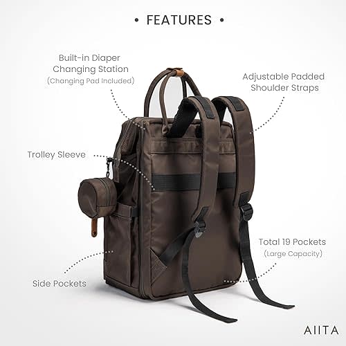 AIITA Diaper Bag Backpack, Multifunction Diaper Bag with Changing Station, Stylish Baby Bags, Large Unisex Diaper Backpack for Mom and Dad, Baby Registry Search, Portable Changing Pad – Black Brown