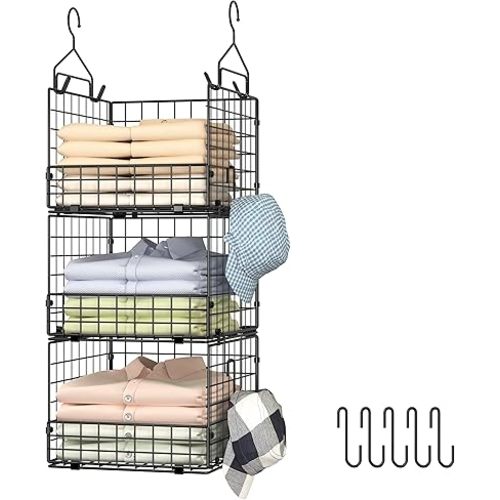 Sonyabecca 3-Tier Hanging Closet Organizer, Foldable Cabinet Wire Storage Basket Bins with 5 S Hooks, Closet Shelves & Hanging Closet Shelf for Clothing, Sweaters, Handbags, Hats
