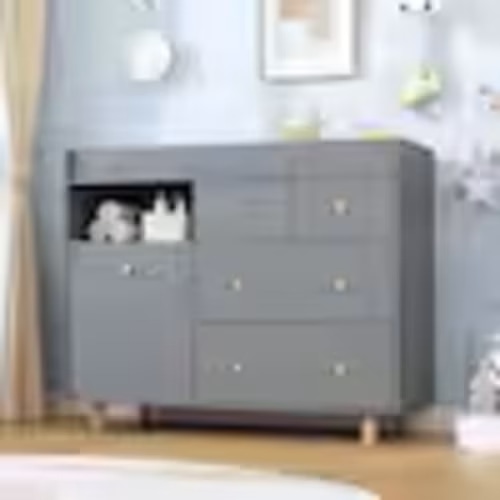 Gray Changing Table with Guardrail, 6-Drawers, Open Storage and Tilt-Out Hamper Cabinet, Nursery Dresser Organizer