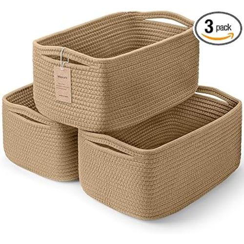 3-Pack Storage Baskets for Organizing | Woven Shelf Toy Basket | Rope Baskets for Gifts Empty | Closet Organizer Bins with Handles | Cube Decorative Box | 13.7×7.1×6.7” | Brown