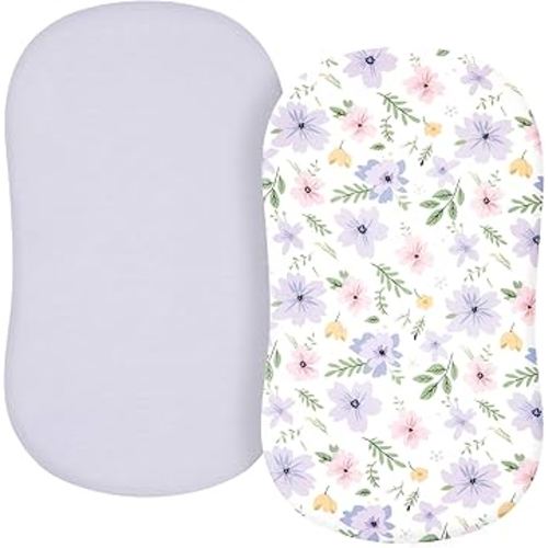 TILLYOU Baby Bassinet Sheets for Girls Boys, Fit for Hourglass Oval Rectangle Bassinet Mattress Sheets, 33”X16”, 2 Pack Brilliant Little Flowers and Purple