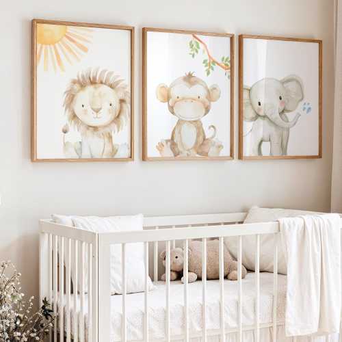 Jungle Animal Nursery Wall Art: Monkey, Elephant and Lion Print Set Baby Room Gift