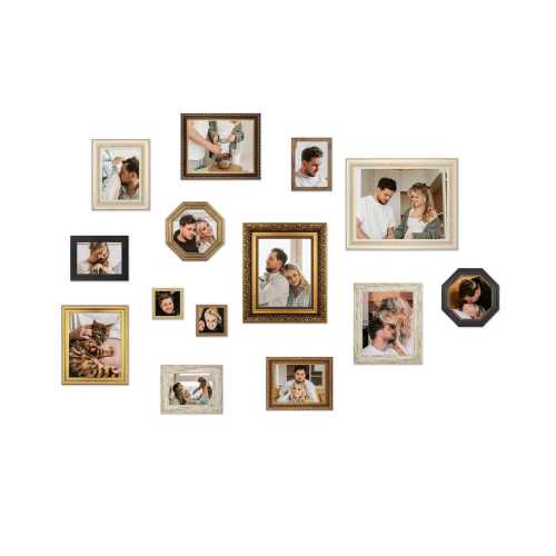 14 Piece Assorted Vintage Gallery Wall Frame Set Different Size Antique Picture Frame Collage for Wall Ornate Gold and Rustic Wooden Frames