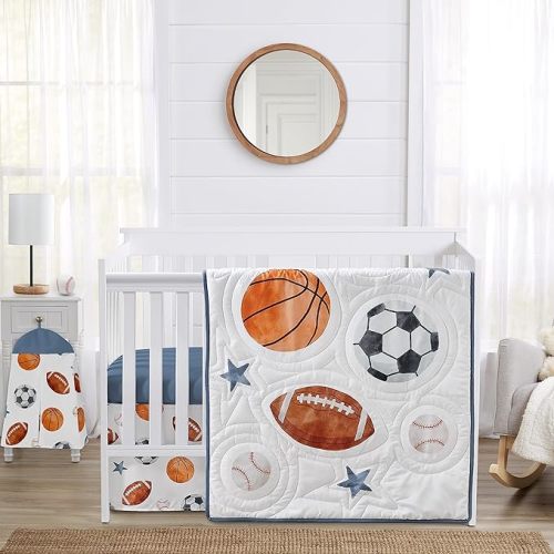Sweet Jojo Designs 4-Piece Baby Crib Bedding Set (Vintage Sports) for Boys, Infants/Nursery incl. Blanket, Fitted Sheet, Skirt, Diaper Stacker (Baseball, Football, Soccer, Basketball, All Star Sport)