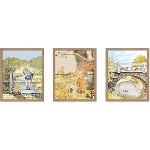 Poster Master 3-Piece Playing Together Print - Cute Pooh & Friends Poster - Nursery Art - Pooh Wall Decor - Great Playroom or PoohKids Room Decor - 11x14 Beige Framed