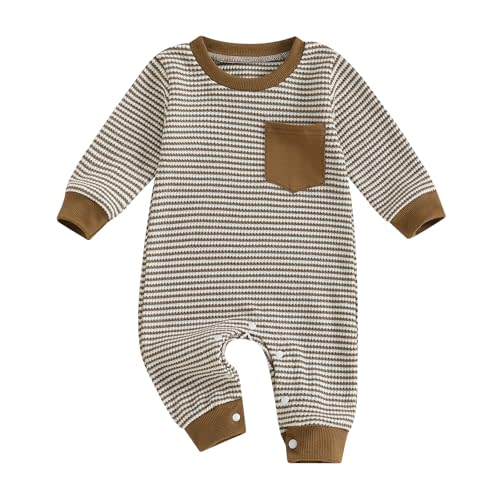 VISGOGO Newborn Infant Baby Boy Waffle Cotton Romper Clothes Onesie Stripe Jumpsuit 0 3 6 12 18 Months Long Sleeve Outfits