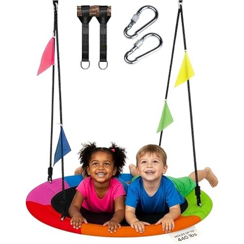 40" Saucer Swing for Kids Outdoor - Gifts for Indoor Playroom & Birthday - Tree Swing Set Summer Fun, 440 lb Capacity - Multicolor 600D Oxford Fabric & Adjustable Ropes, Straps & Carabiners