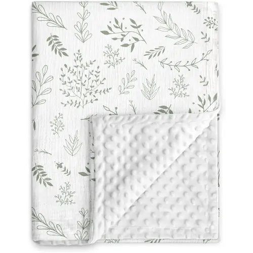 GLLQUEN BABY Blankets for Unisex Boys Girls, Muslin Cotton Front Soft and Breathable, and Dotted Fleece Backing, Printed Bed Nursery Minky Blankets for Toddler Newborn, Greenery, 30 x 40 inches