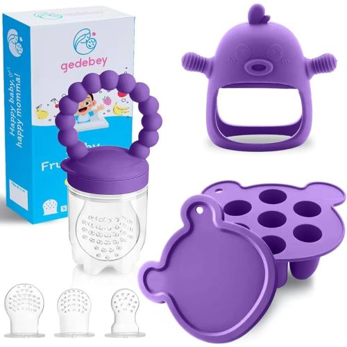 Baby Fruit Food Feeder Breastmilk Popsicle Molds for Teething Relief - 3 Pack Feeding Sets - 1 Freezer Tray with Lid & 1 Teether Toy & 1 Silicone Pacifier + 3 Extra Sizes Infant Feed Mesh (Purple)