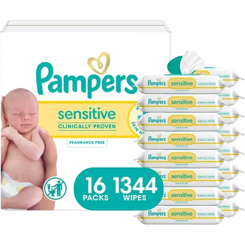 Pampers Baby Wipes, Sensitive, Water Based Wipe, Clinically Proven, Hypoallergenic, and Unscented for Babies, 1344 Wipes Total (16 Flip-Top Packs) [Packaging May Vary]
