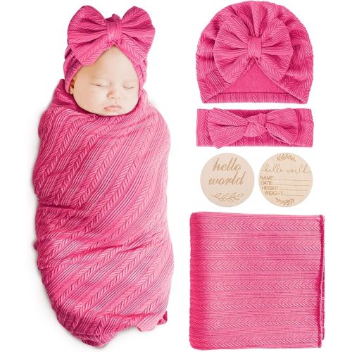 Newborn Receiving Blanket with Bow Hat Headband Wooden Card Set Wheat-Pattern Newborns Toddler Baby Boy Girl Nursery Swaddle Wrap