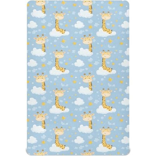 Baby Fitted Mini Crib Sheets Portable Playard Sheets Stretchy Giraffe Cloud Blue Soft Modal