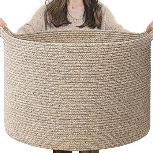 INDRESSME XXXLarge Blanket Basket for Living Room 21.7" x 21.7" x 13.8"-Storage Basket with Handle for Organizing Toy Pillows Woven Wicker Laundry Basket Stuffed Animal Toy Storage for Play Room