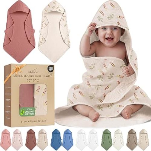 100% Organic Cotton 2 PK Muslin Baby Hooded Towels Infant 81x81 cm
