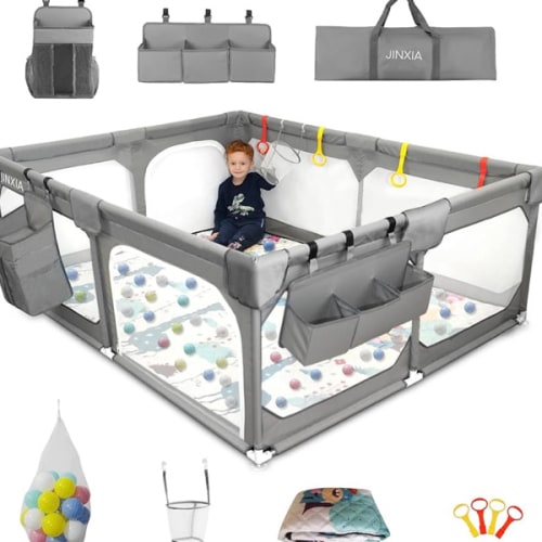 Baby Playpen with Mat 75"*59", Extra Large Playpen for Babies and Toddlers with Storage Bag, BPA-Free, Non-Toxic, Safe No Gaps Playards for Babies, Sturdy Safety Play Yard for Indoor Outdoor Fun, Grey