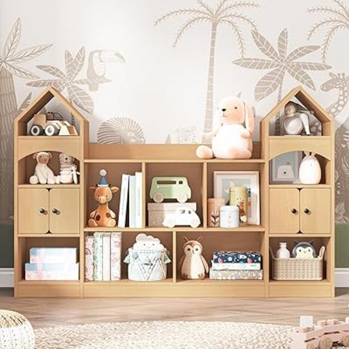 Castle Shape Children's Bookshelf, Kids Bookcase Display Case Kids Toy Storage Organizer Multifunctional Storage Cabinet Bookshelf Suitable for Playroom, Children's Room, Living Room, Oak