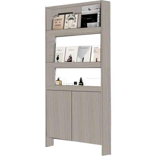 Behind The Door Bookshelf,5-Shelf Bookcase with Storage and Privacy Doors, Wooden Storage Cabinet Behind The Door Suitable for: Bedroom, Living Room (Light gray wood, 31.4"*4.7"*70.8"Lowerdoor)