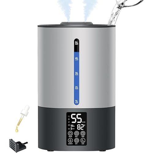 5L Humidifiers for Bedroom and Plants, Ultrasonic Cool Mist Humidifiers for Baby home Mist Top Fill Desk Humidifiers Essential Oil Diffuser, Quiet Humidifiers with Adjustable Mist,360°Nozzle-Gray