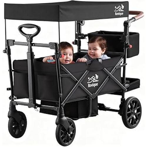 Wagon Stroller for 2 Kids, Premium Stroller Wagon for Kids with Removable Canopy, Safety Harness, Adjustable Handlebar & Storage Organizer, All-Terrain Foldable Baby Wagon for Outdoors