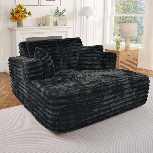 Muumblus Oversized Chaise Lounge Chair Indoor Furniture, No Assembly Required, Plush Corduroy Upholstered Sofa Bed Cozy Sleeper Couch for Living Room, Bedroom, Black