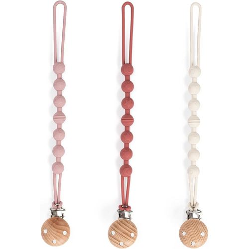 Pacifier Clip, 3 Pack Silicone Pacifier Clips with Wooden Design Pacifier Holder Clip, Soother Clips for Baby Boy & Girl (White+Light Purple+Bean Paste)
