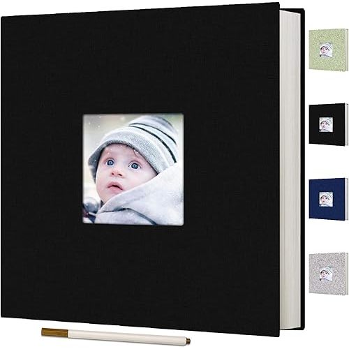 Self Adhesive Scrapbook for Photo Albums 4x6 Pictures, Linen Cover Arch Display Window Scrapbook 40 Blank Pages, DIY Scrapbook Photo with A Metallic Pen, Memory Book for Baby Wedding Anniversary Black