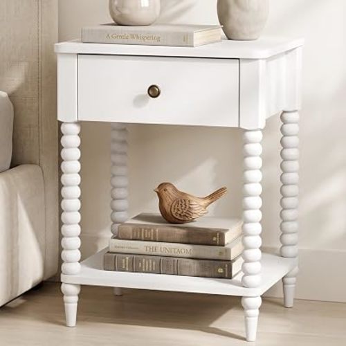 Soft White Nightstand, 25" H, Spindle Legs, Drawer & Shelf