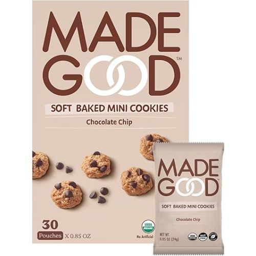 MadeGood Soft Baked Chocolate Chip Mini Cookies, Gluten Free & Safe For School Snacks, 30 Count
