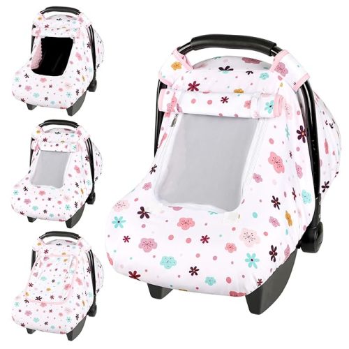 Pea Pod Car Seat Cover Baby, Infant Car Seat Canopy Covers with 2 Layers Windows of Breathable Mesh Fabric, Lightweight Polyester, Soft Minky Dot Backing (Floral Pattern)