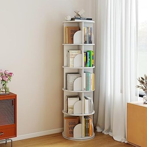 Rotating Bookshelf Tower, 5 Tier Spinning Bookcase Lazy Susan, Revolving 360° Book Shelf Storage Round Carousel, Vertical Rotate Turning Spiral Corner Organizer, Bedroom, Living Room, Office, 15.75" D