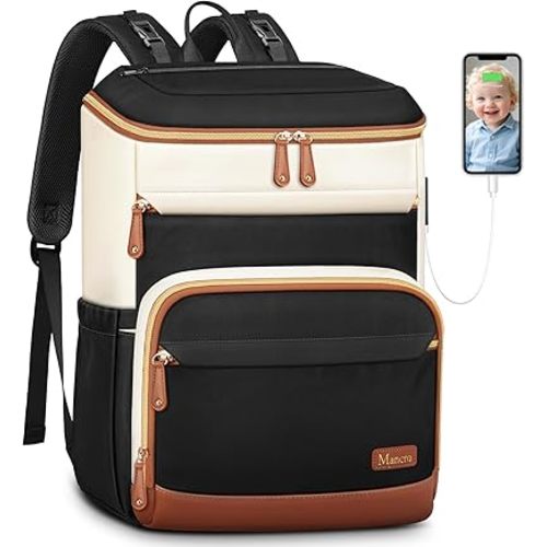 Mancro Diaper Bag Backpack for Women, Lightwight Baby Bag for Mom with 3 Insulated Pockets, Multifunctional Water Resistant Diaper Backpack for Travel with USB Port & Stroller Straps