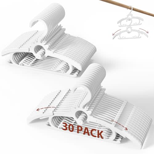 Kids Hangers 30PCS, 11"-14" Extendable and Stackable Baby Hangers, 45g Ultra-Thick Space Saving Non-Slip Plastic Hanger for Infant, Toddler and Nursery Closet, White
