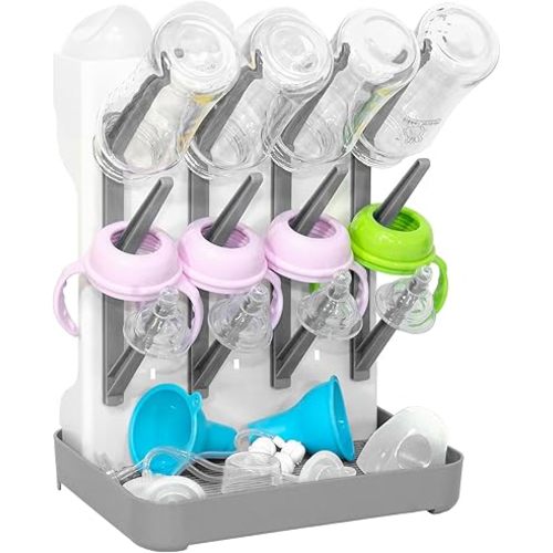 Baby Bottle Drying Rack, Large Bottle Dryer Rack Holder, Vertical Standing Countertop Drying Rack for Baby Bottles and Pump Part Cleaning, Holds Up to 12 Baby Bottles & Cup (Gray)
