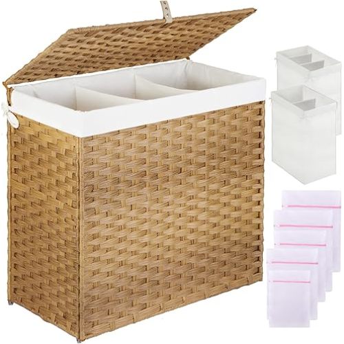 Greenstell Laundry Hamper with Lid, 125L Large Clothes Hamper with 3 Section & 2 Section Removable Liner Bags & 5 Mesh Laundry Bags, Handwoven Synthetic Rattan Divided Laundry Basket, Natural
