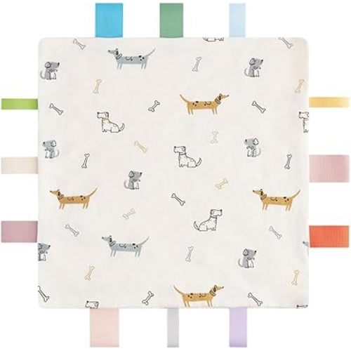 Baby Tags Security Blanket, Sensory Soothing With Tags, Dotted Backing Taggies for 3-12 Months Boys and Girls (Dogs)