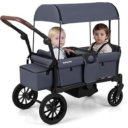 BABY JOY Wagon Stroller for 2 Kids, Foldable Stroller Wagon with Adjustable Push/Pull Handle, Removable Canopy, Snack Tray, Parent Organizer, Safety Harness & Shock-Absorbing Wheels (Gray)
