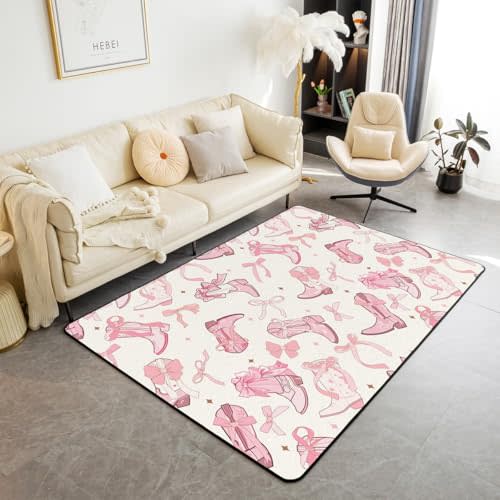 Cowgirl Living Room Rugs Area Rug 3'x5',Western Cowboy Boots Pink Bowknots Rug for Warm Indoor Floor Mat,Dreamy Fairy Tale Princess Starry Pink Beige Non-Slip Decorative Rug