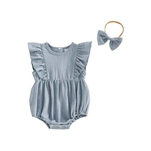Loicainy Infant Baby Toddler Girl Solid Color Romper 3 6 12 18 Months Flying Sleeve Crew Neck Bodysuit with Bow Headband Set