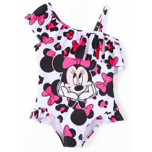 Disney Minnie Mouse Girls Swimsuits Graphic Leopard One Piece Swimwear Ruffled One Shoulder Bathing Suits Sizes 3-10Y