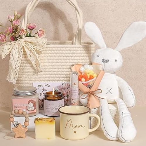 New Mom Gift Basket | New Mom Care Package with Tote Bag, Mug | Spa & Relaxation Set with Rose Bath Salt, Scrub, Handmade Soap & Card – Thoughtful Postpartum Gift for Mommy