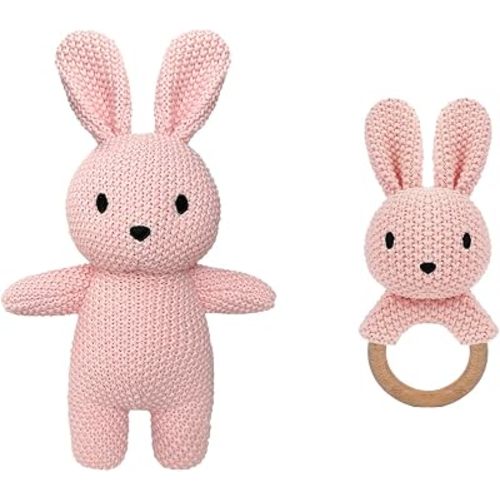 12" Handmade Crochet Rabbit Stuffed Animal, Baby-Safe Cotton Plush with Rattle, Hypoallergenic Toy for Newborns 0-12 Months, Ideal Baby Shower & 1st Birthday Gift